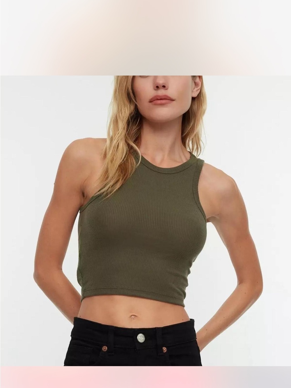 OGL Move Brami Olive Green Ribbed Crop Tank Built in Padding